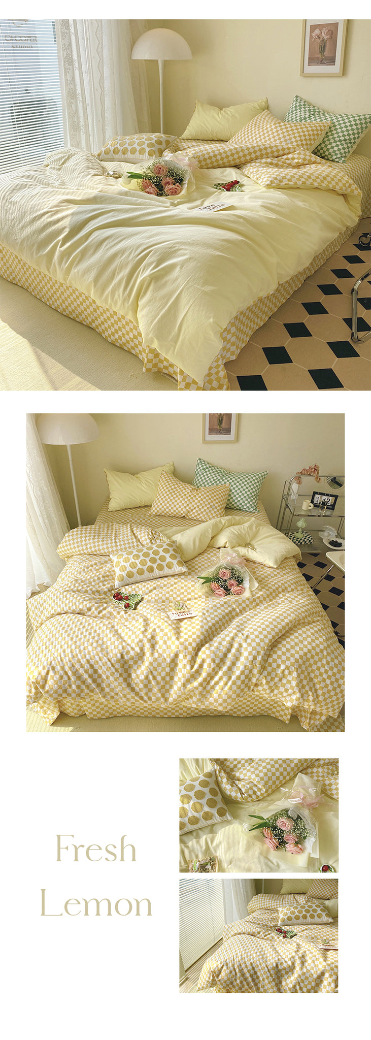 Yellow Checkered Pattern Bedsheets For Aesthetic Room