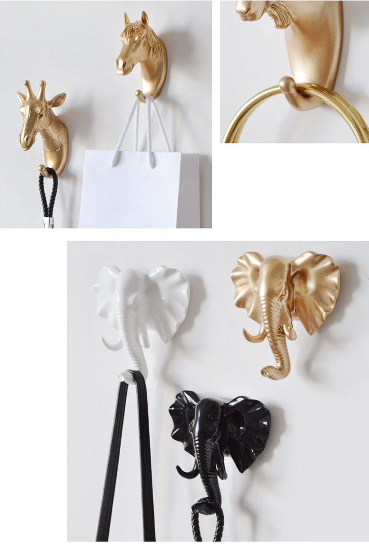 animal head wall hook gold black white