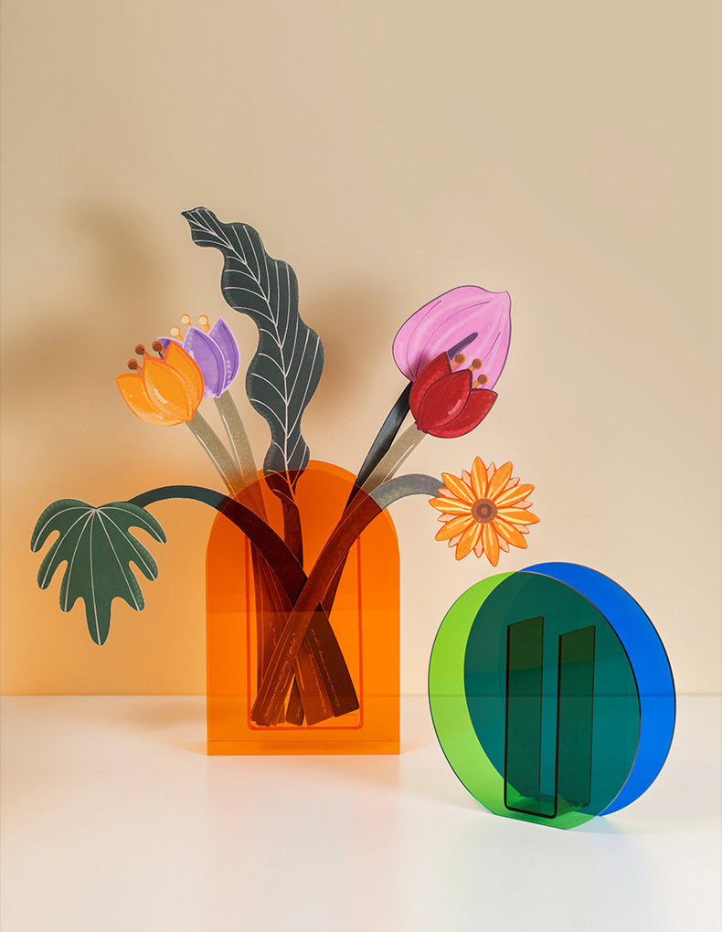 jarrón de acrílico redondo y arco colorido, jarrón de flores moderno para decoración del hogar