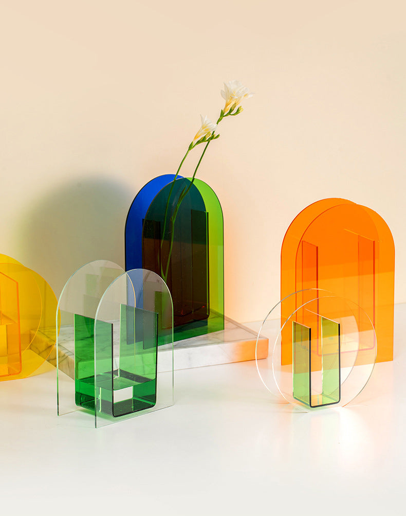 Vase acrylique rond et arc coloré, vase à fleurs de décoration moderne