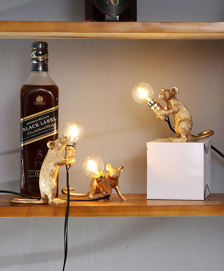 lámpara led de ratón de resina de color dorado, iluminación animal creativa