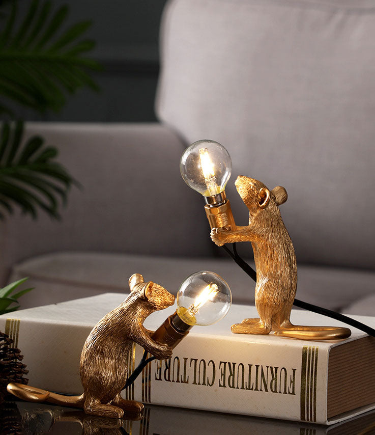 lámpara led de ratón de resina de color dorado, iluminación animal creativa