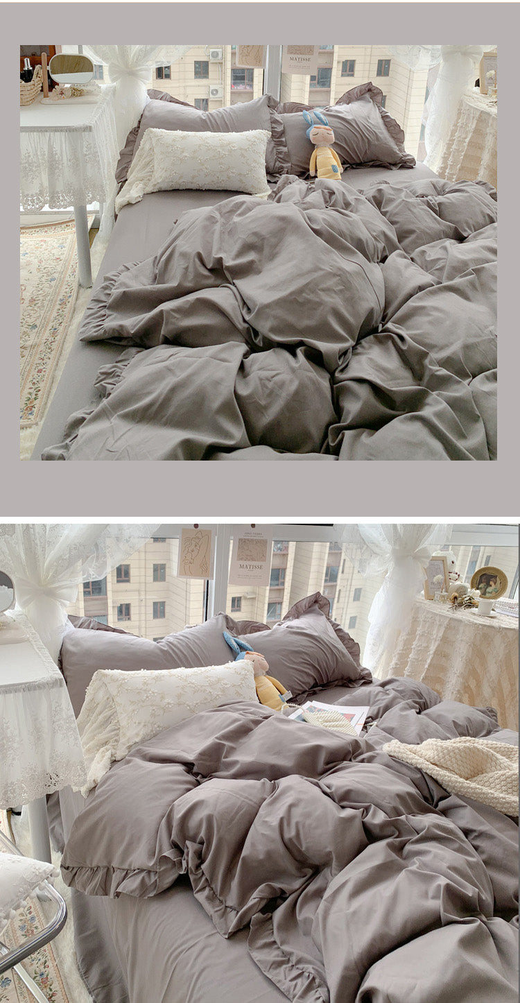 Dreamy Grey Korea Style Bedroom Lotus Leaf Edge Bedding Set