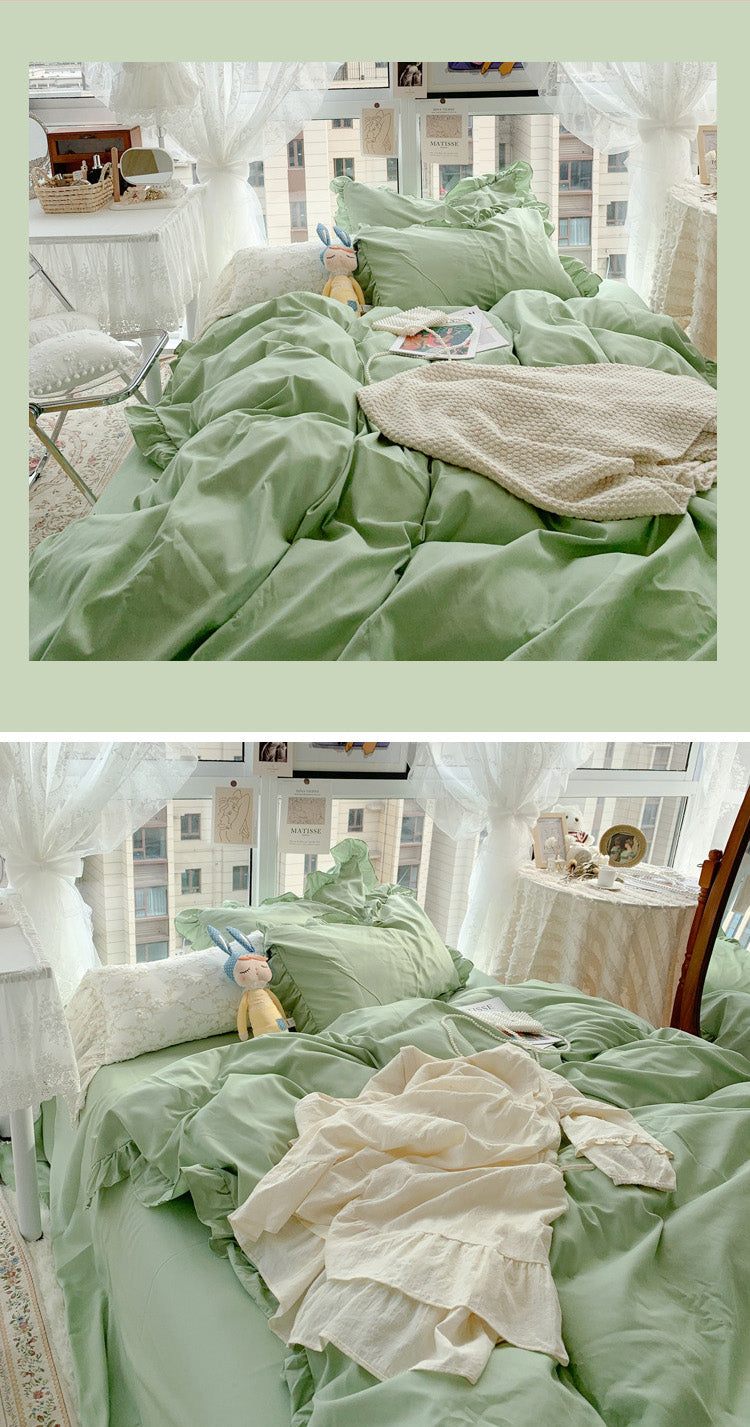 Dreamy Apple Green Korea Style Bedroom Lotus Leaf Edge Bedding Set