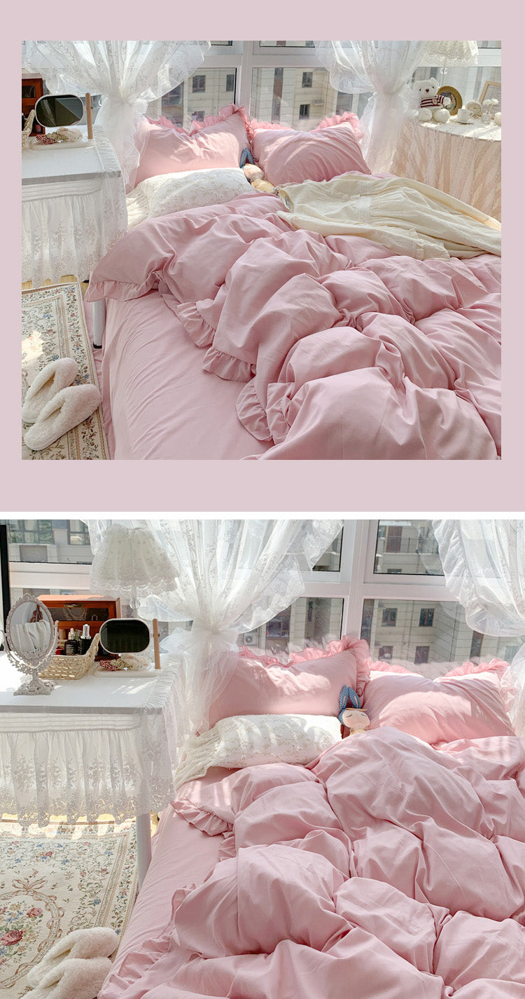 Pastel Pink Korea Style Bedroom Lotus Leaf Edge Bedding Set
