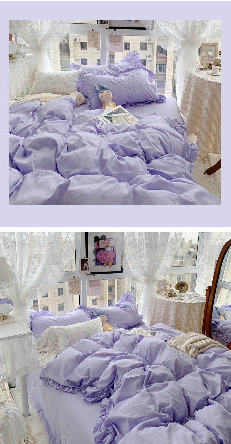 Dreamy Pastel Purple Color Korea Style Bedroom Lotus Leaf Edge Bedding Set