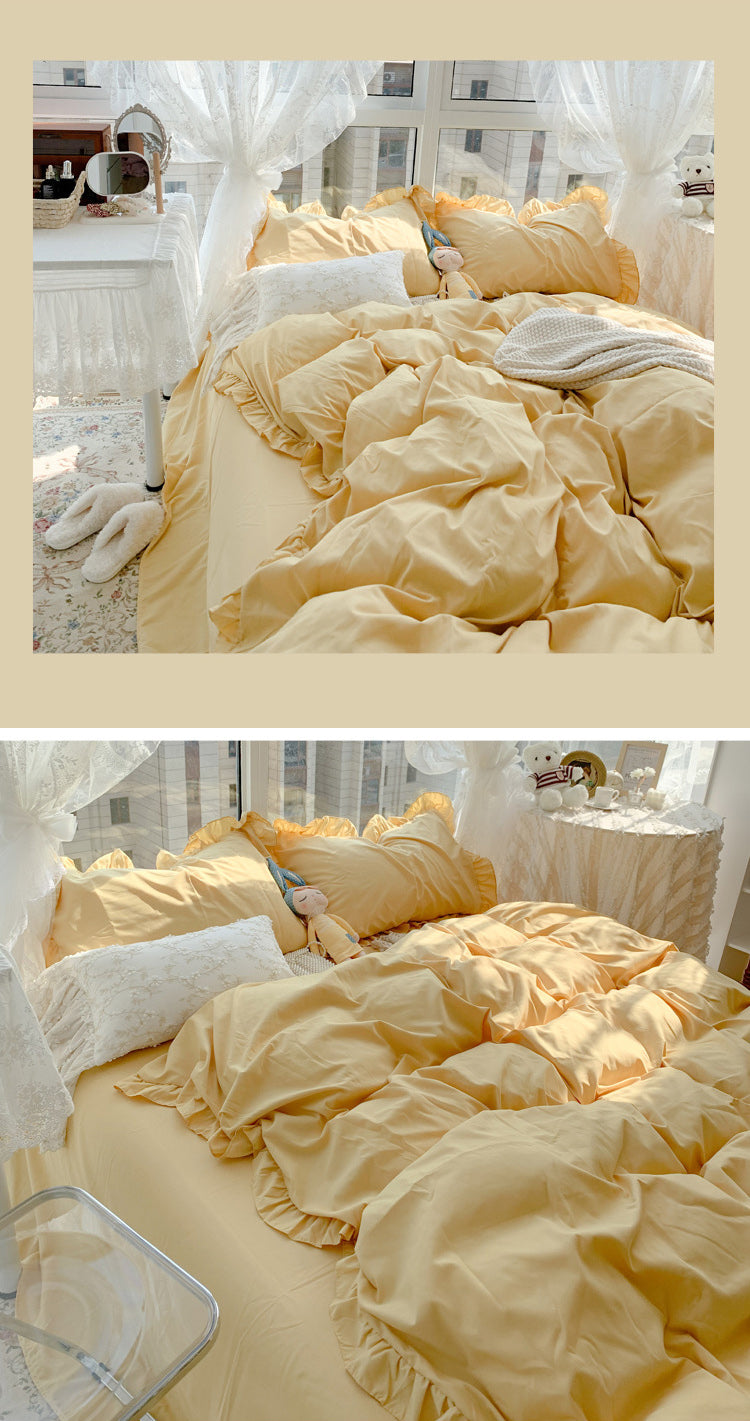 Pastel Yellow Korea Style Bedroom Lotus Leaf Edge Bedding Set
