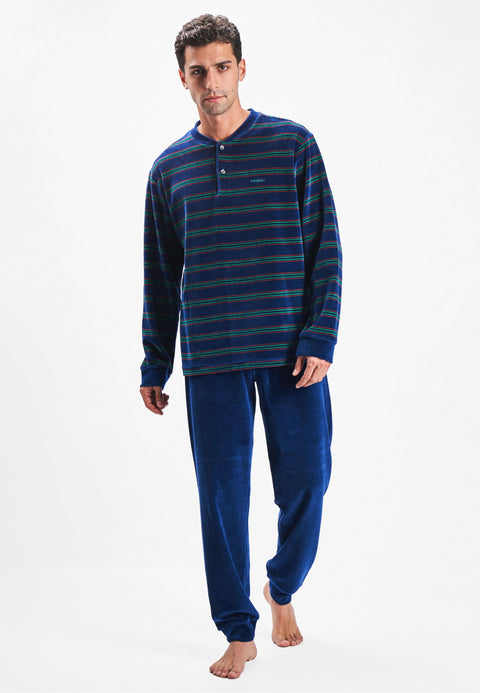 Pijama Hombre Largo Premium Rayas Azul, Verde y Naranja Hecho en Portugal - PRODIGY