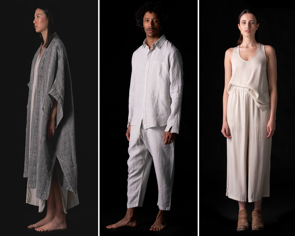 A collage of the three products Ria loves to wear at home, the Sleeveless Kimono, Linen pant and tank top. 