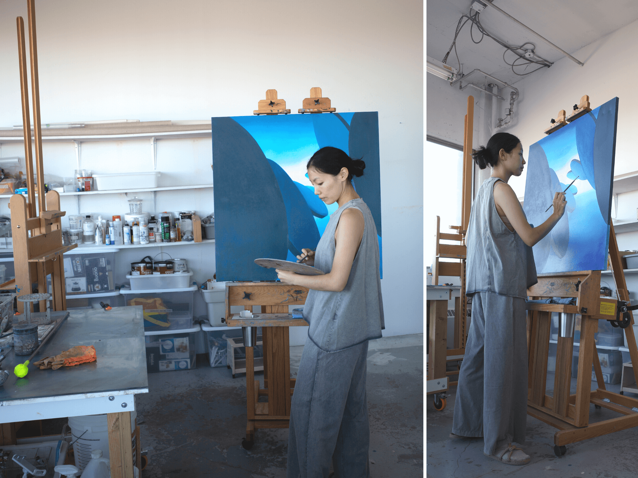 Jessica is painting in her studio wearing the Jersey over tank and high waist pants in Washed Grey. 