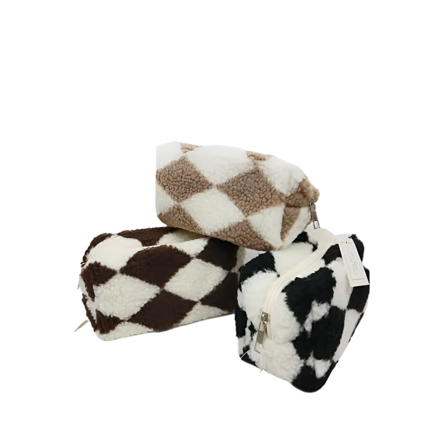 Plush Checkered Makeup Pouch
