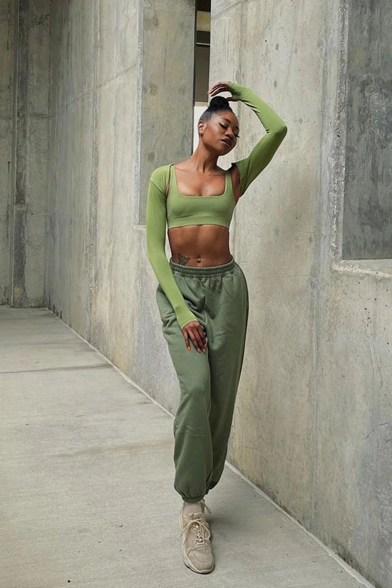 CSB model wearing CSB green athleisure