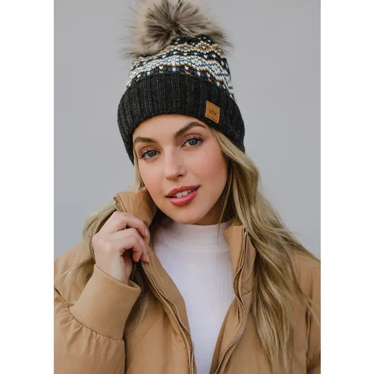 Black, White, Mustard & Blue Patterned Pom Hat