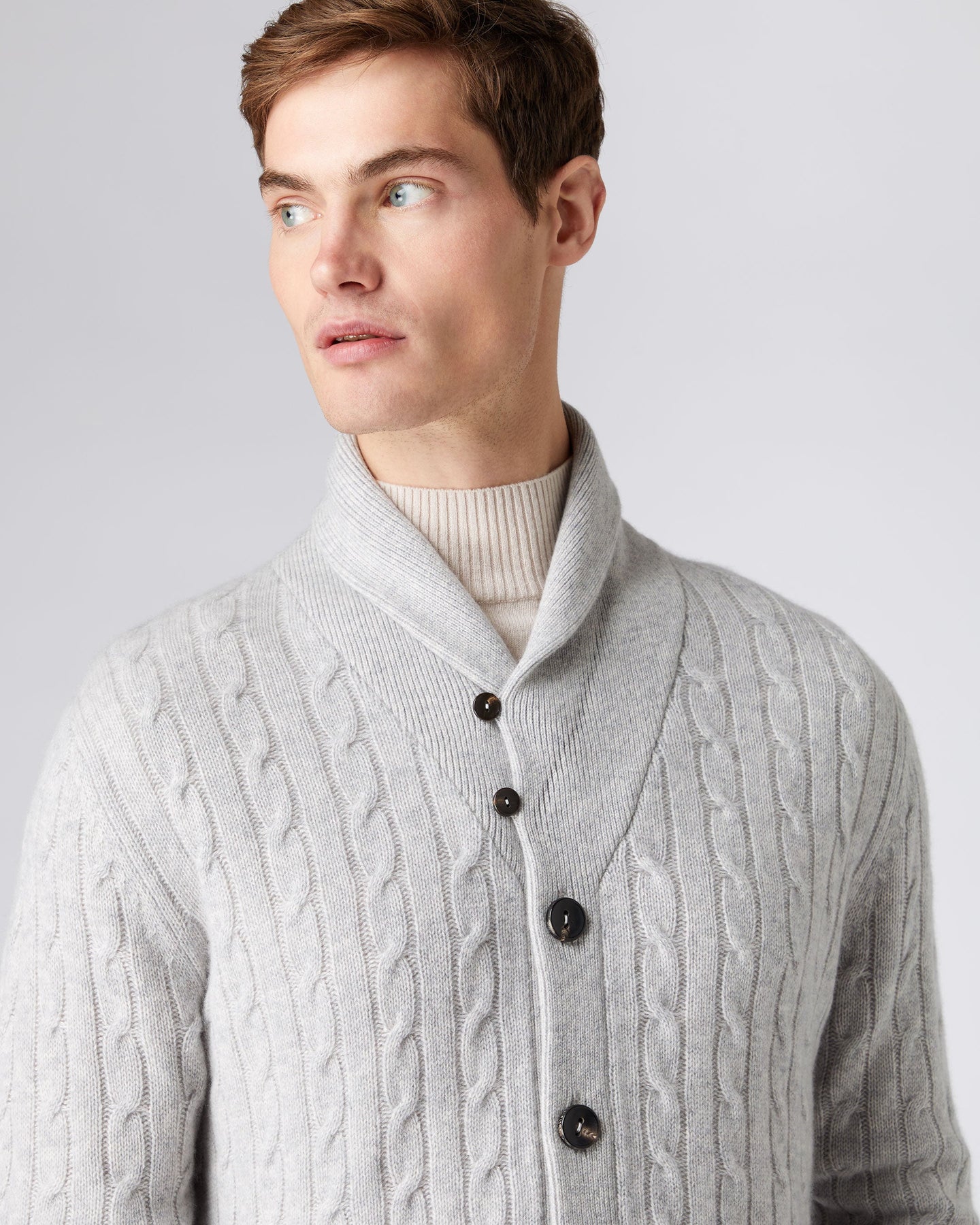 Men's Shawl Collar Cable Cashmere Cardigan Fumo Grey | N.Peal
