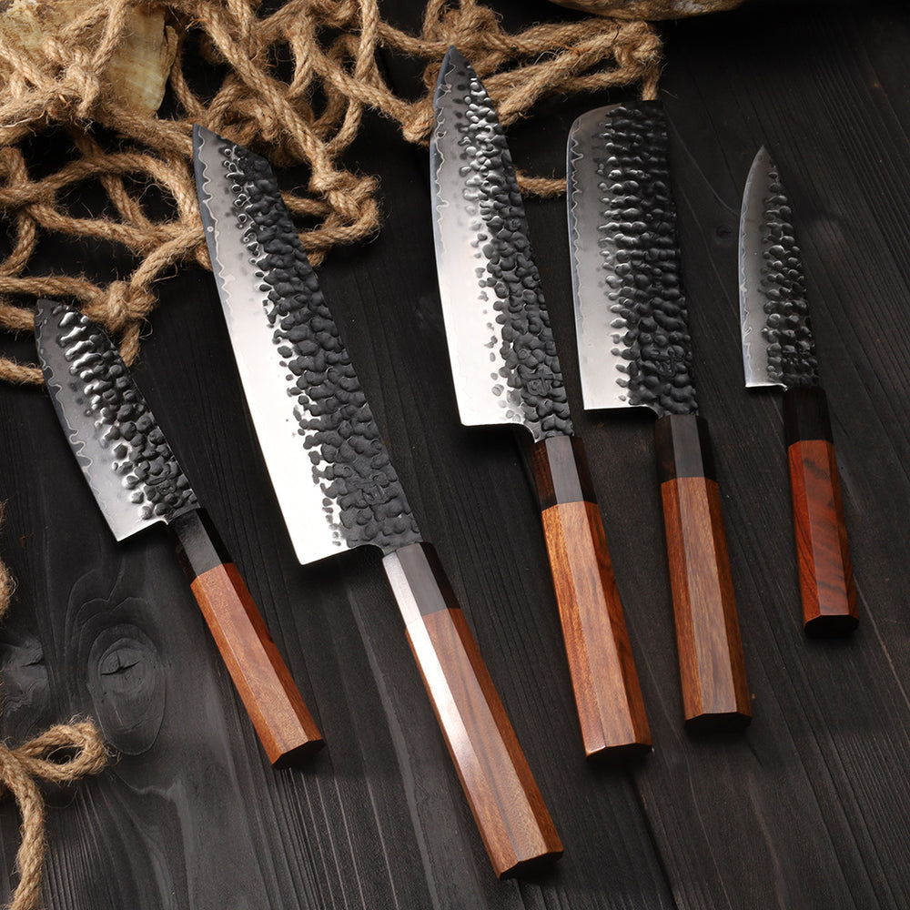 Wildrose Noir - Black 5 Piece Chef Knife Set & Leather Roll – Forged Blade