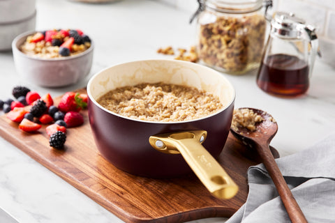 Oatmeal made in a Reserve Merlot Saucepan and sitting on a countertop.