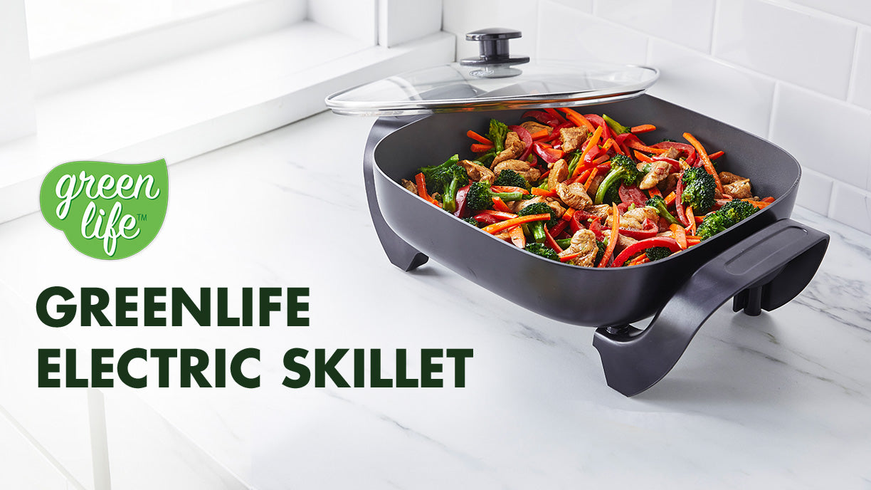 GreenLife Healthy Ceramic Nonstick, 12 5QT Square Electric Skillet with  Glass Lid, Dishwasher Safe, Adjustable Temperature Control, PFAS-Free,  Black
