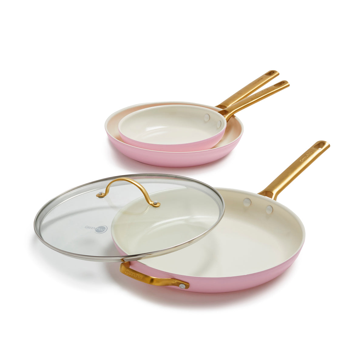 Reserve Ceramic Nonstick 8", 10", and 12" Frypan Set with Lid | Blush with Gold-Tone Handles