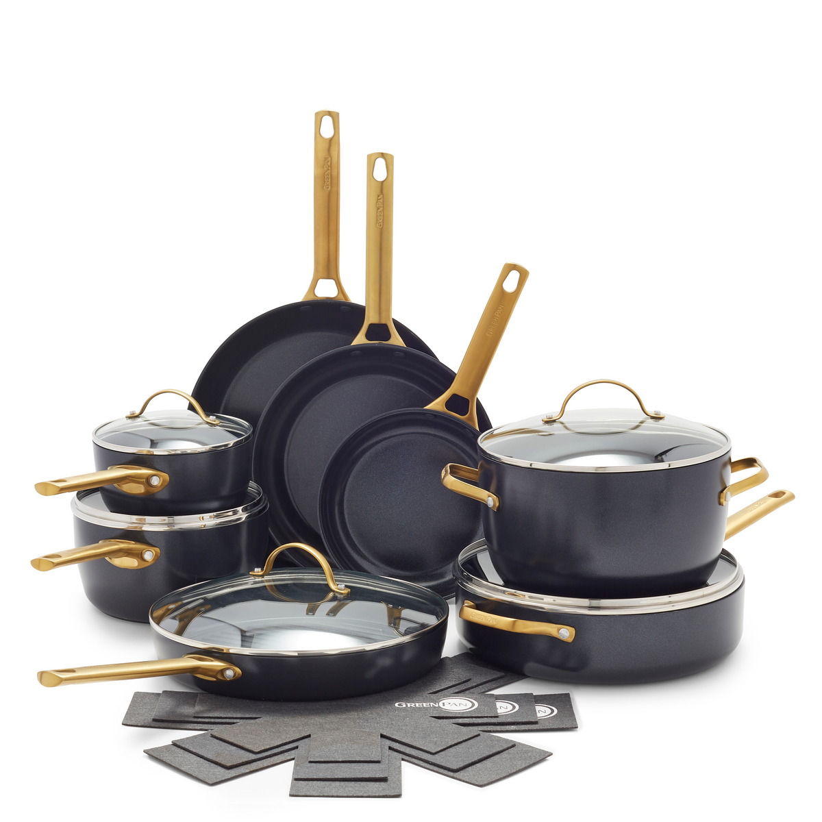 Reserve Ceramic Nonstick 16-Piece Cookware Set | Black with Gold-Tone Handles