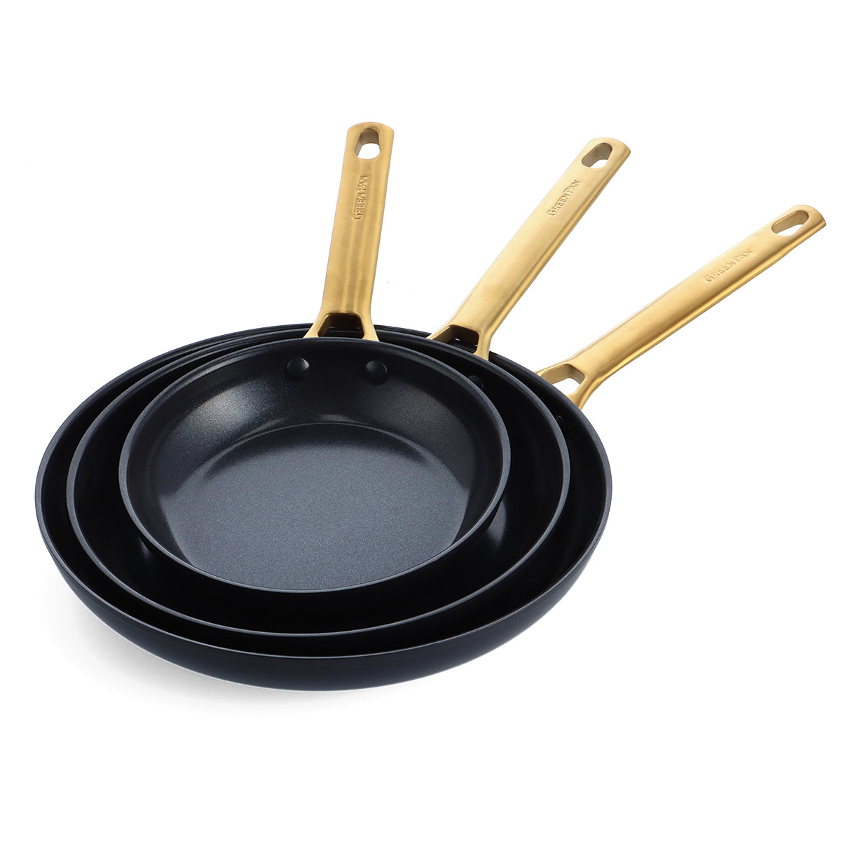 Reserve Ceramic Nonstick 8", 9.5" and 11" Frypan Set | Black with Gold Tone Handles