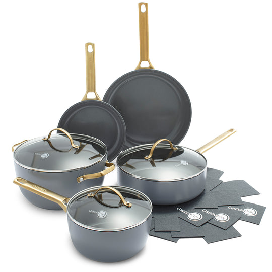 Reserve Ceramic Nonstick 1.5-Quart and 3-Quart Saucepan Set with Lids |  Black with Gold-Tone Handles