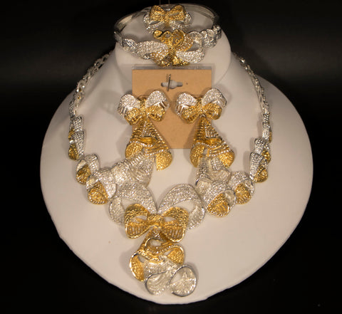 Gold/ Silver Ribbons High End Necklace, Earrings and Bracelet Set
