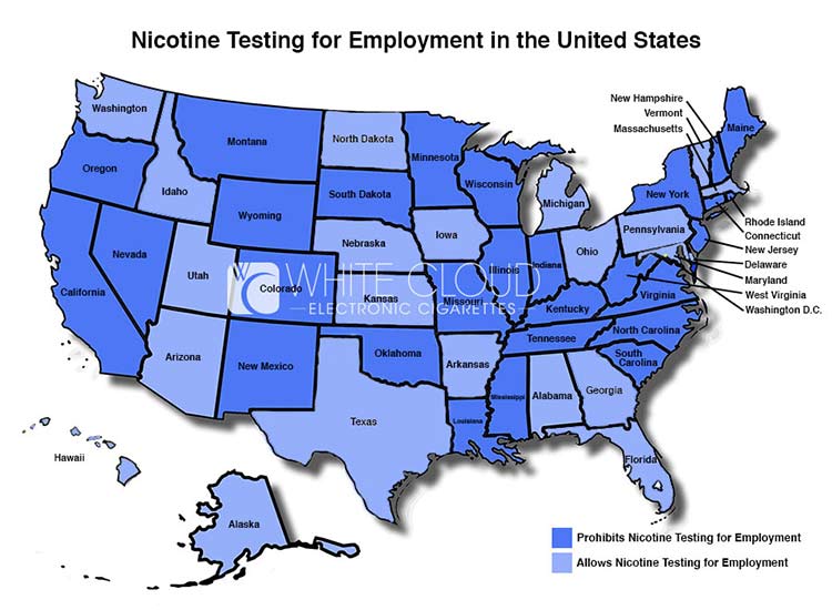Map of the US showing where nicotine is tested for employment
