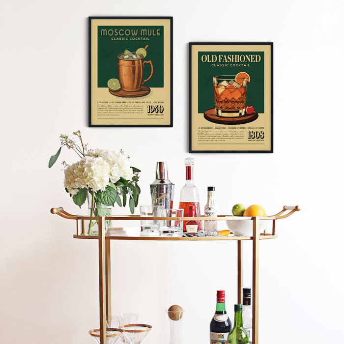 Classic bar cart with cocktail posters