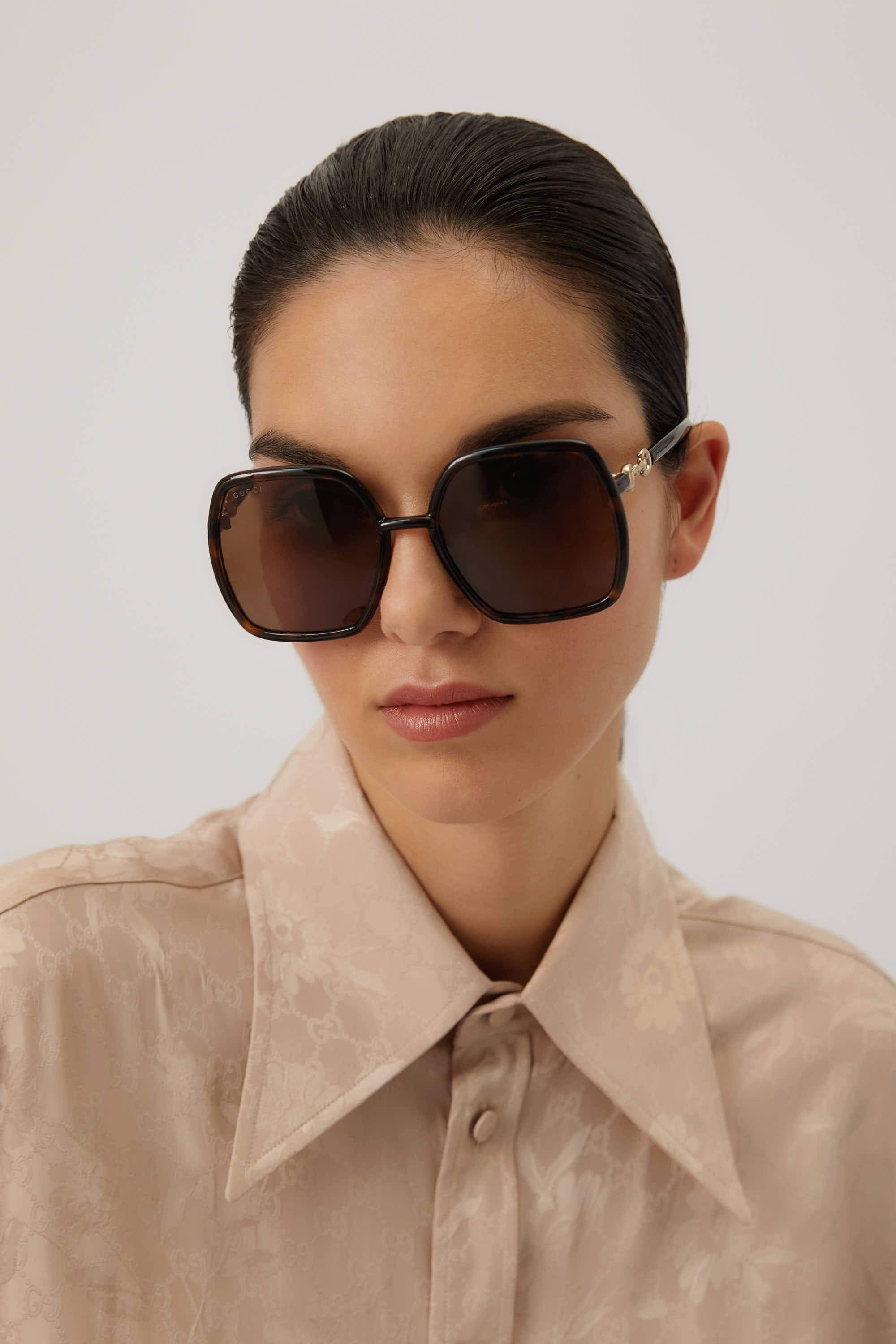 Gucci hexagonal havana sunglasses with horsebit detail