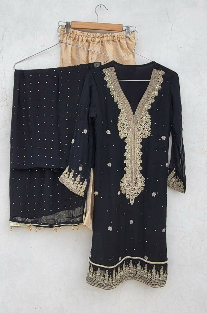 Black Fancy embroidered shirt with net dupatta, Women Formals