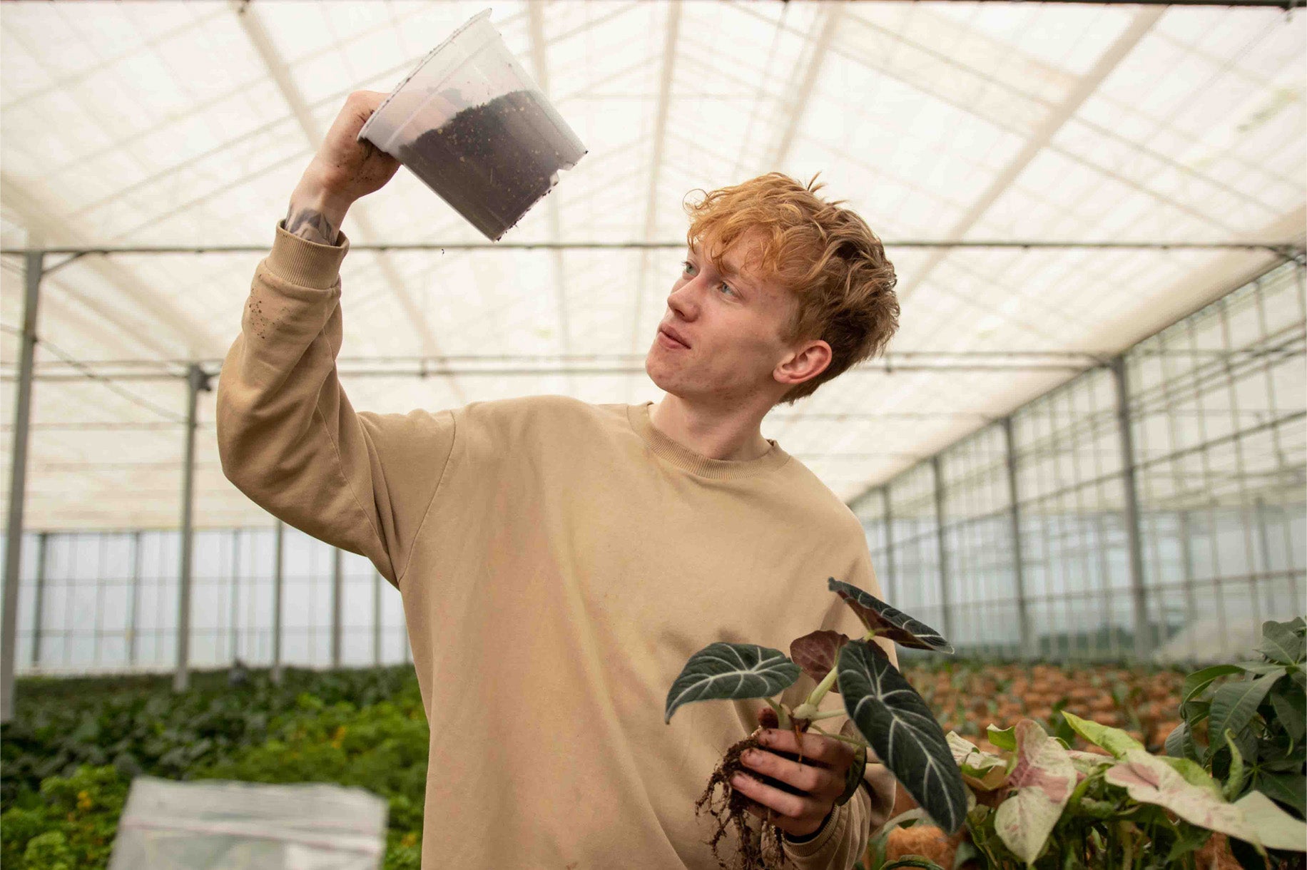 Sybren die een plantenpotje bekijkt