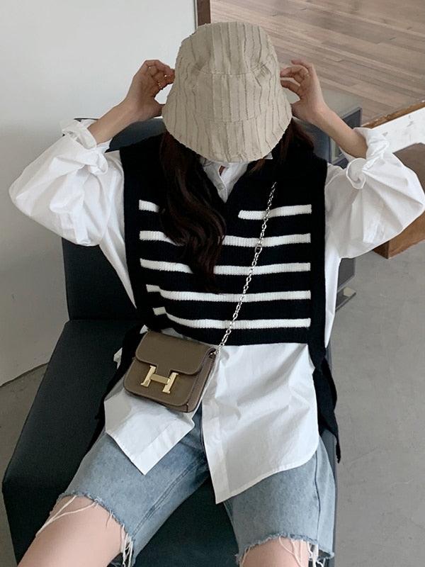 Striped sleeveless Turn Down Collar knitted loose vest sweaters / Pullovers