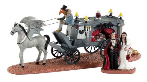Lemax Spooky Town Newly Deads #33613 - two recently married vampires stand in front of a gothic carriage driven by a winged horse
