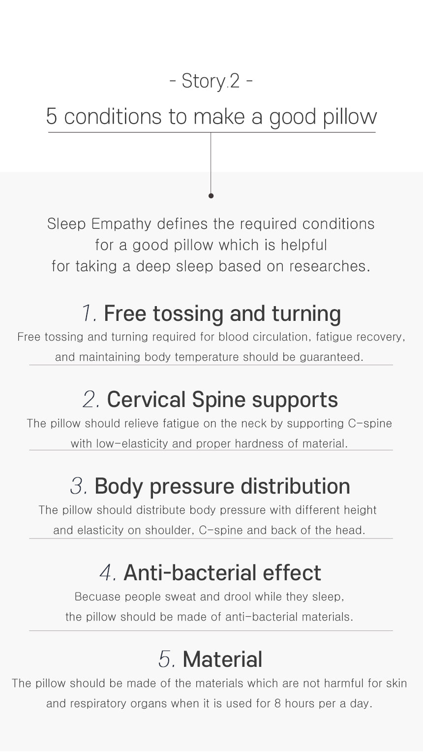 5 condition to make a goodl pillow. 1. Free tossing and turning 2. Cervical Spine Supports 3. Body pressure distribution. 4. Antibacterial effect, 5. Good material