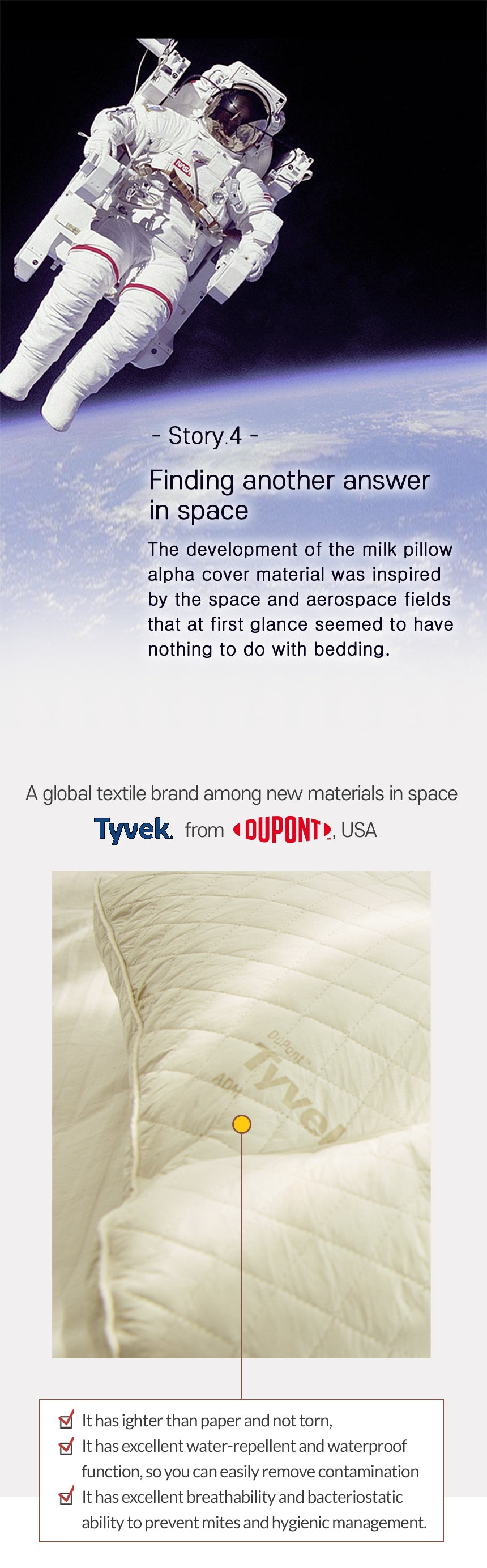 Milk Pillow Alpha finding another answer in space - Tyvek from Dupont USA/France A global textile brand among new materials in space.