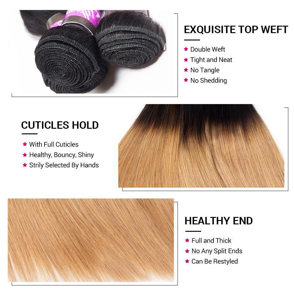 T1B/27 Straight Hair 3 Bundles With Closure Dark Roots Honey Blonde Hu ...