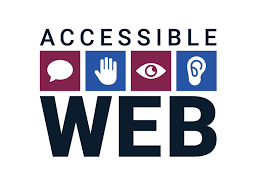 Accessible Web logo with speaking bubble, hand, eye, and ear icons inside maroon and blue squares