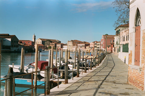 canal with boats and street in Venice 