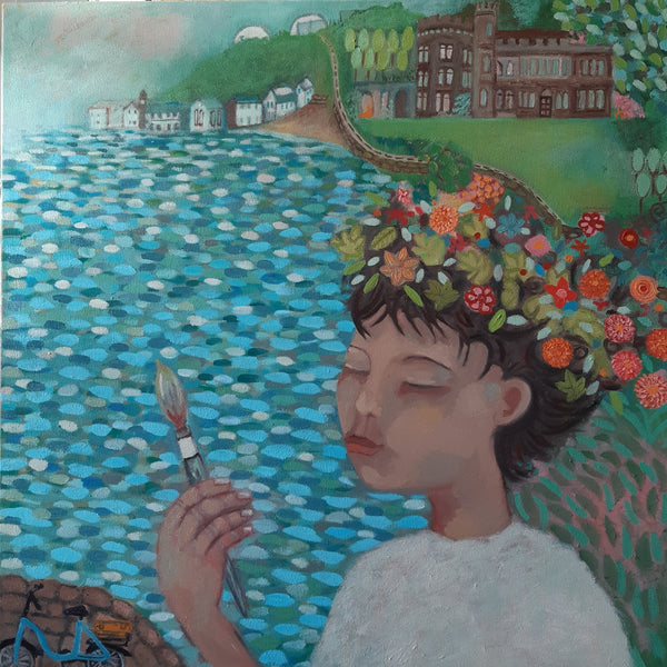 Siobhan Purdy painting of an artist holding a paintbrush with flowers in her hair a backdrop of sea and coastal village behind her