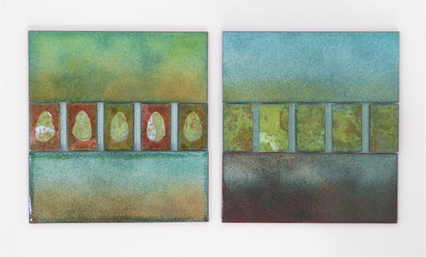 Two abstract glass and enamel paintings by Sue Kinley 
