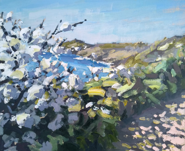 Jill Hudson painting of Rame Head in south east Cornwall with spring blossom in the foreground and the headland green against a blue sea