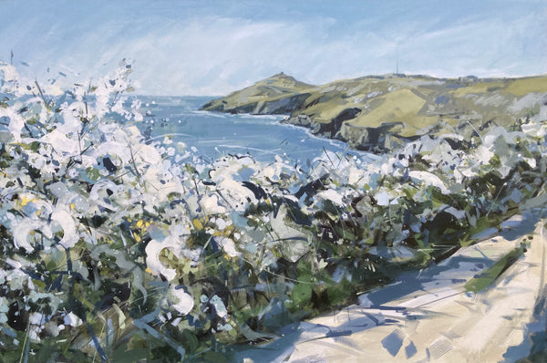 Imogen Bone painting of Rame Head peninsula in Cornwall in spring, the headland is a soft green, the sea blue and in the foreground there is white blossom in the hedgerow 