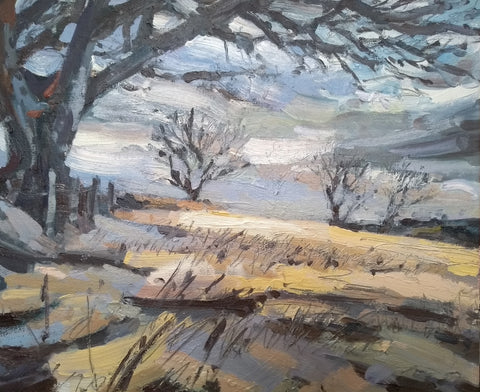 Painting of a tree overhanging a pale gold and brown field with a wintery white and purple sky by Cornwall artist Jill Hudson at the Byre Gallery 