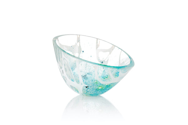 clear glass bowl with blue details by glass artist Helen Eastham