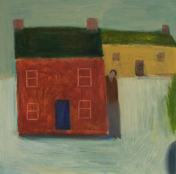 semi abstract painting by Heath Hearn of a red house and a yellow house next to with a person hiding between 