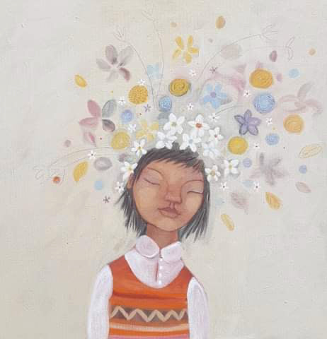 painting of a girl by Cornish artist Siobhan Purdy with a large bunch of wildflowers on her head she is wearing a red patterned tan top over a white shirt