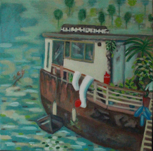 Siobhan Purdy painting of a house boat on a blue green river with trees and white houses on the opposite bank