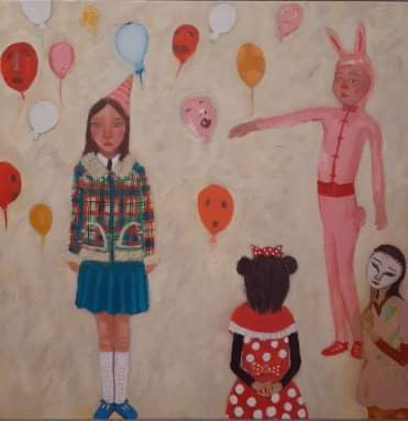 painting by Siobhan Purdy of a girl wearing a party hat surrounded by balloons and other children in fancy dress