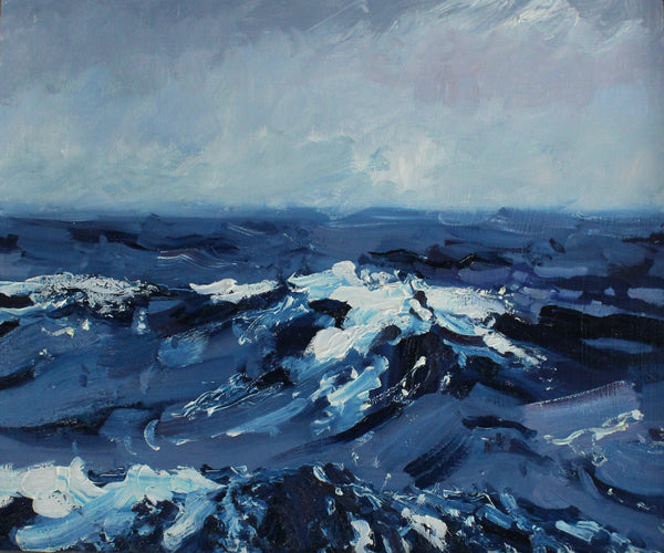 Jill Hudson painting of the sea with dark blue and white waves