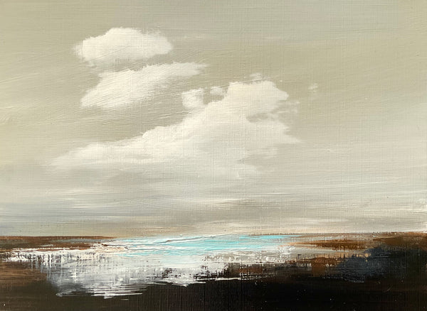 Nicola Mosley seascape painting with white clouds on a grey sky above a turquoise sea and brown rocks